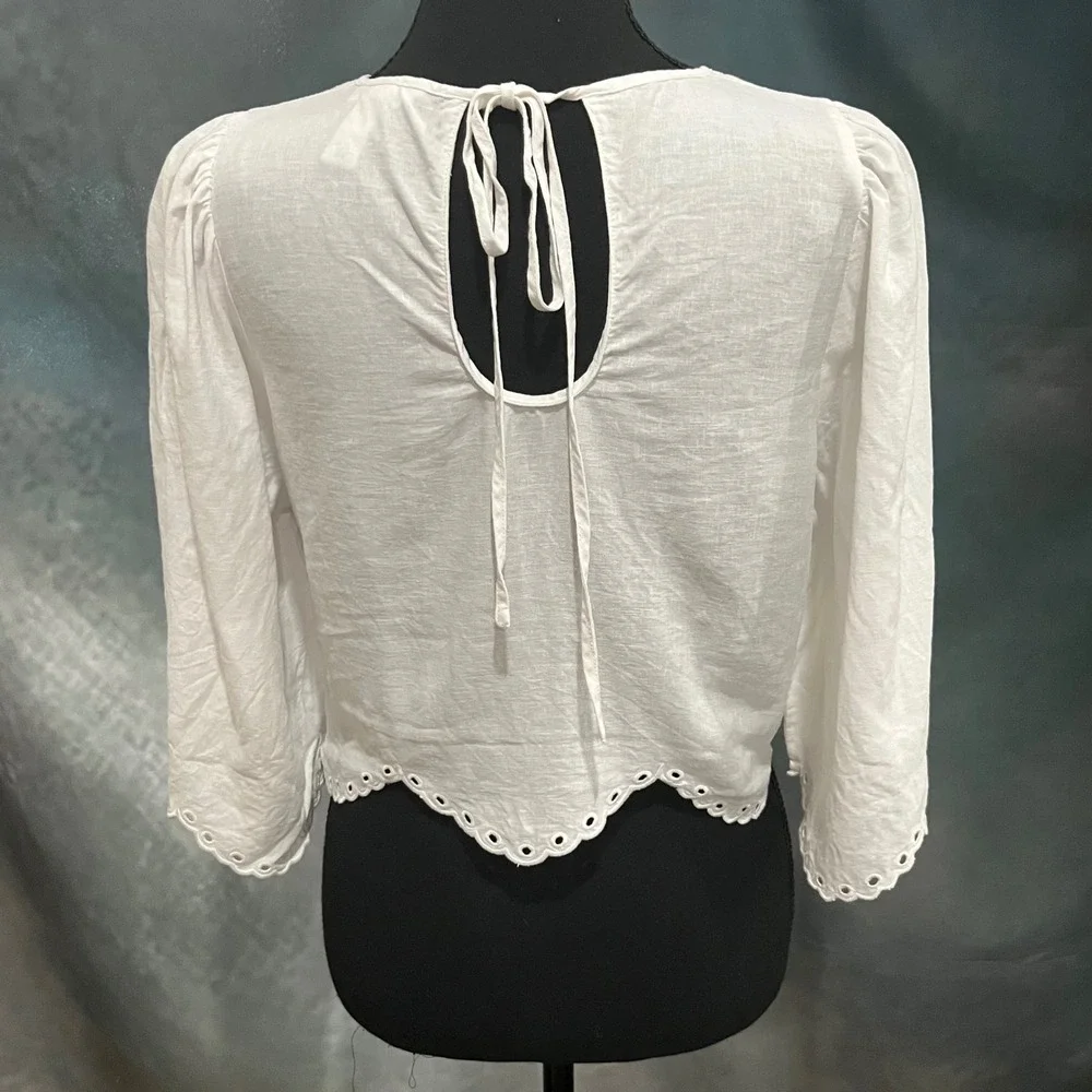 H&M White Linen Blend Eyelet Crochet Blouse 3/4 Puff Sleeve Scalloped Crop Top M